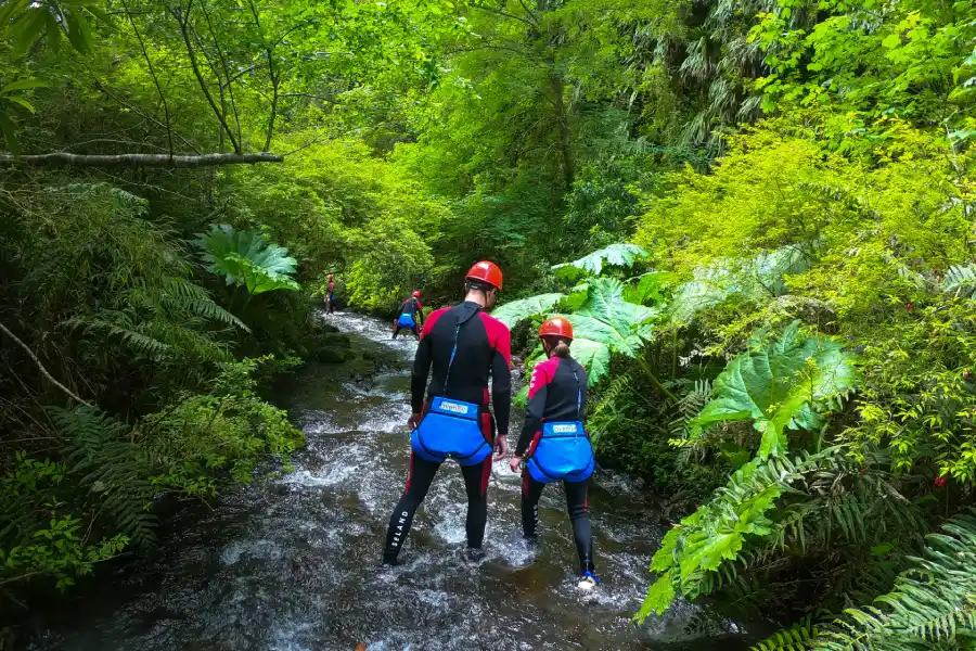 Participantes realizando canyoning Río Correntoso entre cascadas y paredes volcánicas