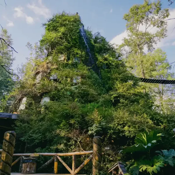 “Vista del Hotel Montaña Mágica durante el tour a la reserva biológica Huilo Huilo.”