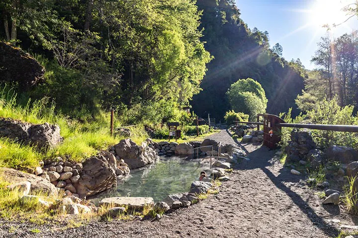 “Piscinas naturales en las Termas Los Pozones de Huife rodeadas de bosque nativo.”