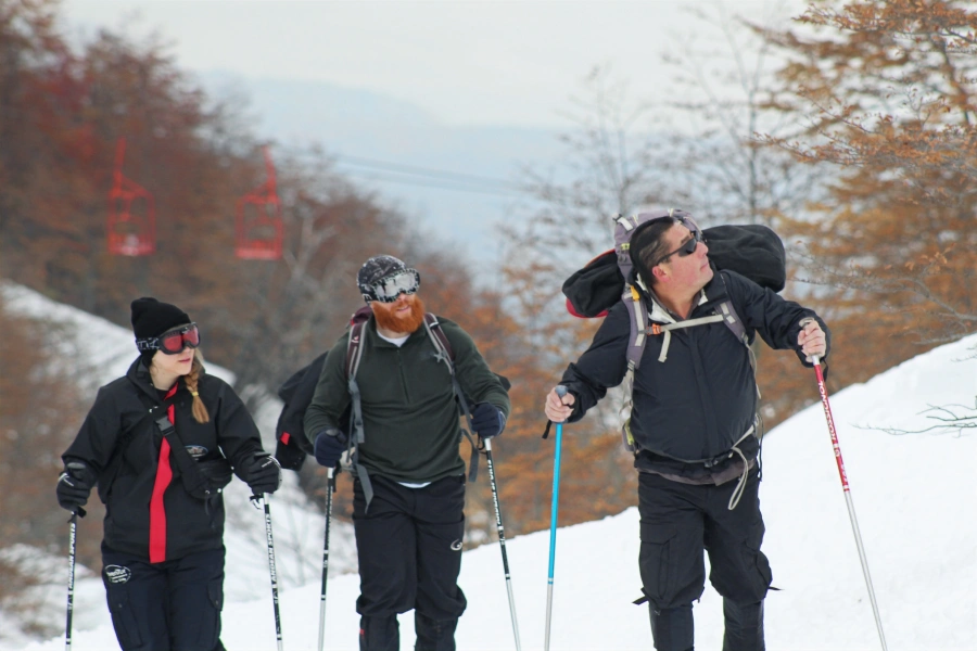 “Grupo realizando Trekking con Raquetas a la Base del Volcán Villarrica sobre nieve.”