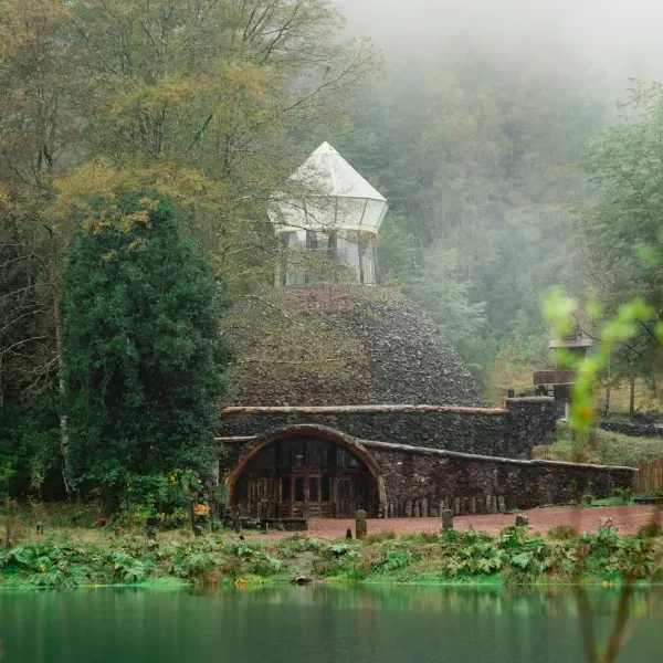 “Arquitectura del museo en la Reserva durante el Tour Invernal a la Reserva Biológica Huilo Huilo.”