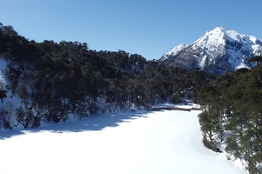 “Paisaje invernal y laguna congelada en el Trekking con Raquetas al parque nacional Huerquehue.”