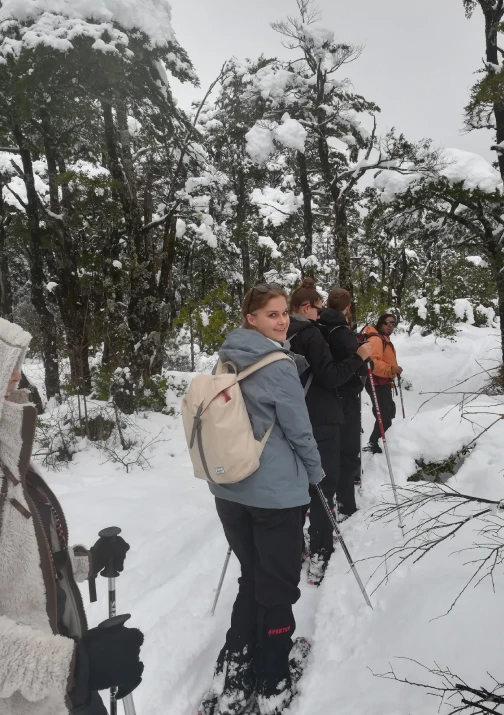 “Grupo ingresando al bosque nevado en trekking con raquetas circuito cuevas volcánicas.”